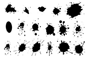 Grunge ink black paint splotch. Splash of paints, spray drops staining and frame with wet paint drop vector set.