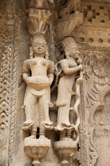 Fototapeta na wymiar Carving details on the inner wall of Ahilya Devi Fort complex on the banks of River Narmada, Maheshwar, Madhya Pradesh, India