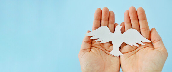 White paper origami bird on blue background. World Day of Peace. Day Against Humiliation. International Day Of Human Fraternity. International Day of Living Together in Peace. Banner