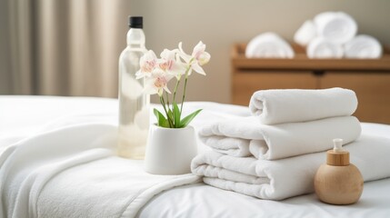 Towels with herbal bags and beauty treatment items setting in spa center in white room, Generative AI.