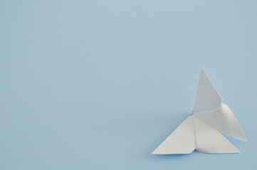 White paper origami butterfly on blue background. World Day of Peace. Day Against Humiliation. International Day Of Human Fraternity. International Day of Living Together in Peace