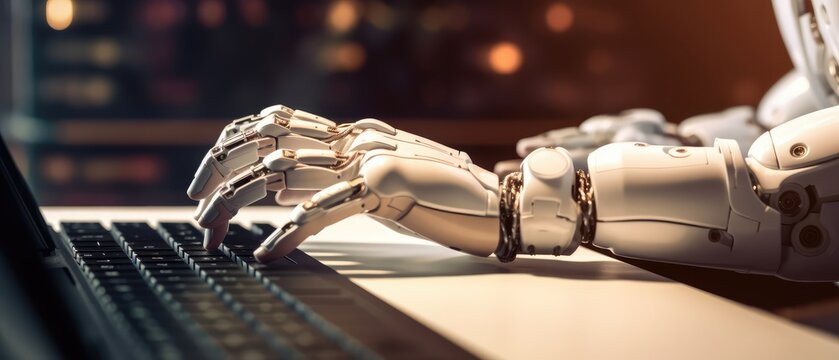 White Ai robot working and looking on monitor screen computer lab, high-tech artificial intelligence robot concept, AI generative