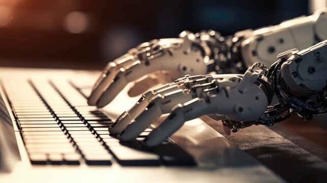 White Ai robot working and looking on monitor screen computer lab, high-tech artificial intelligence robot concept, AI generative