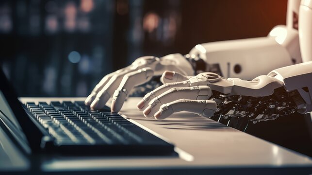 White Ai robot working and looking on monitor screen computer lab, high-tech artificial intelligence robot concept, AI generative