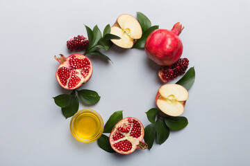Rosh hashanah concept. Frame made of symbols jewish New Year holiday Traditional. Top view with copy space