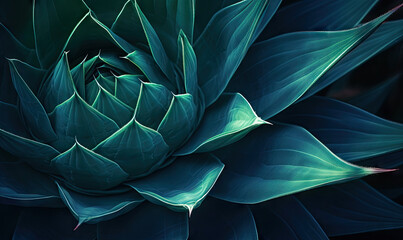 Obraz na płótnie Canvas Tropical succulents wallpaper. Textured blue agave banner. For postcard, book illustration. Created with generative AI tools