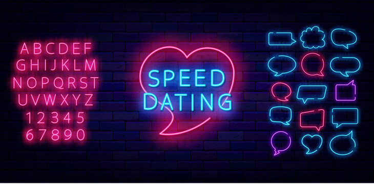 Speed dating neon label. Heart shape decor. Glowing pink alphabet. Speech bubbles frames set. Vector illustration