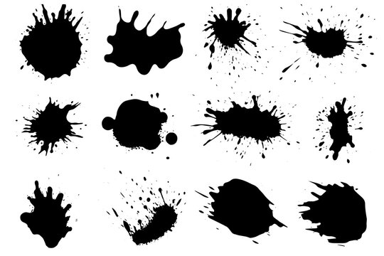 Grunge ink black paint splotch. Splash of paints, spray drops staining and frame with wet paint drop vector set.