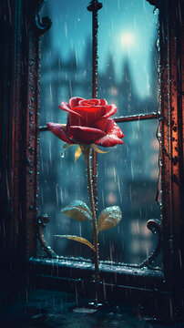Red rose in rain, Generative AI illustrations