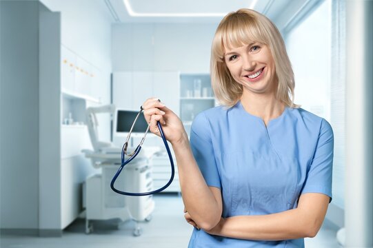 Happy young female doctor posing. Healthcare concept, AI generated image