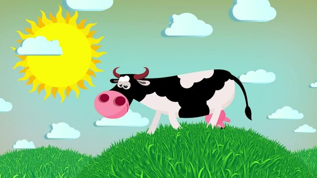 Cartoon spotty black and white cow 4 character pasture grass mountain. Seamless cute character speckled  animal with sky clouds and sun. Funny moves creature useful animation.
