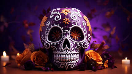 Craneo morado adornado con simbolos y figuras del dia de los muertos, rodeado de rosas y velas.