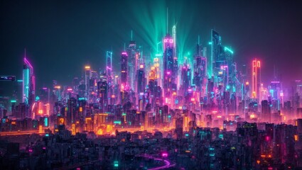 Obraz premium A futuristic, cyberpunk cityscape of polygonal, illuminated by a bright, neon glow.