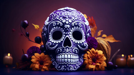 Craneo maquillado de colores y formas para el dia de los muertos en mexico. - obrazy, fototapety, plakaty