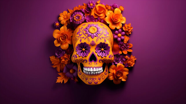 Craneo naranja adornado con rosas moradas sobre un vibrante fondo purpura para el dia de los muertos