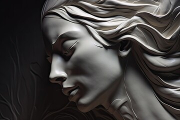 An artistic white sculpture of a young woman embodies timeless beauty and ancient elegance.