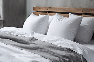 Comfortable white bed with crumpled pillows and clean linens.