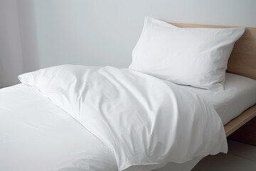Cozy single white bed with soft pillows and crumpled linens.