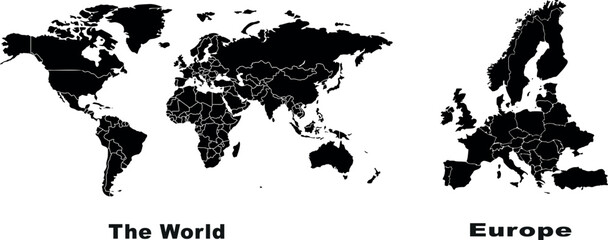  World and Europe maps vector illustration. Detailed, monochrome, and accurate representation of the world and European countries. Ideal for educational, travel, and business purposes