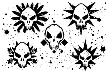 Set of hand drawn sketch grunge ink graphiti doodle scull. Tattoo collection. Vector illustration pack. - obrazy, fototapety, plakaty