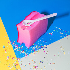 Pink sponge for dishes in the form of a birthday cake with sprinkles and spoon on blue and yellow background. - 640221207