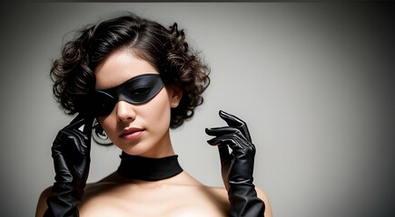 a woman with short curly hairs  wearing a blindfold and black gloves, with grey background for advertisements