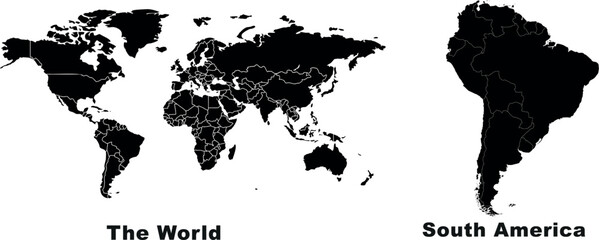 World Map, South America Map, Vector Illustration, Minimalist, Black and White, Continents, Countries, Educational Content, Travel Planning, Geography Enthusiasts, Cartography, Global Map, Internatio