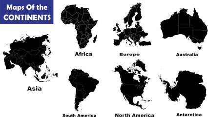 Continents map vector, black and white illustration of seven continents. Ideal for educational, geography related content. Enhance your project with this high-quality vector image. - obrazy, fototapety, plakaty
