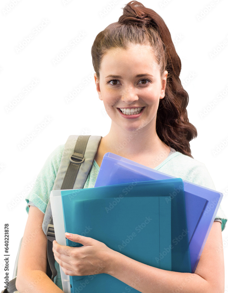 Poster Digital png photo of caucasian woman holding folders on transparent background