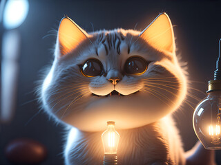 the cat smiles in the light of a light bulb. AI generated.
