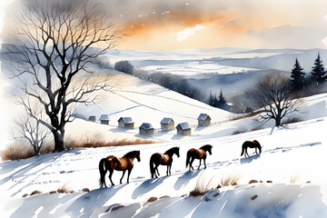 landscape with horses, Generative AI