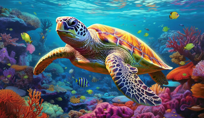 Vibrant Aquatic Realism: Illustrations of Turtles Thriving in Colorful Ocean Depths, Generative AI