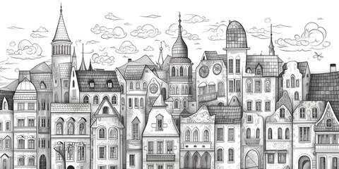 Black and white sketch panorama of the city. Doodle. Sketch of city architecture,  city and lots of houses coloring pages, Old town. City landscape. Coloring book for children, generative Ai