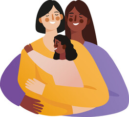 Digital png illustration of female gay couple with baby on transparent background