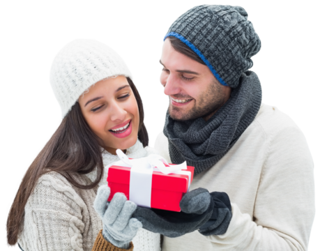 Digital png photo of caucasian man and woman holding present on transparent background - Powered by Adobe