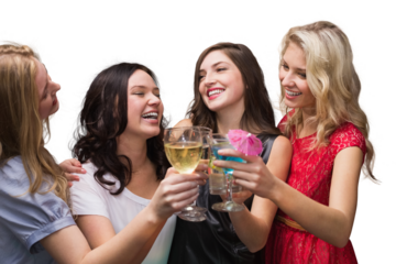 Digital png photo of smiling caucasian women holding drinks on transparent background