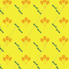 Digital png illustration of balloons and hands pattern on yellow and transparent background