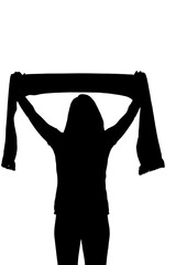 Digital png outline of female sport's fan holding scarf over her head on transparent background