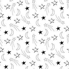 Space seamless pattern. Black outline moon and stars repeat on white background. Doodle design. Vector illustration.