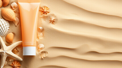 Tube of sunscreen starfish and beach accessories on sand mockup cosmetic tube background wallpaper