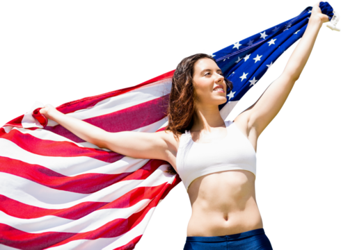 Digital png photo of smiling caucasian woman holding american flag on transparent background