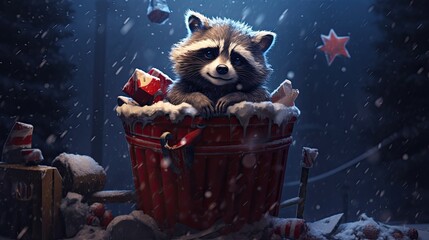 Raccoon with its face covered in pie, emerging from a trash can full of discarded festive foods. Snowy alley with an empty trash bin nearby - obrazy, fototapety, plakaty