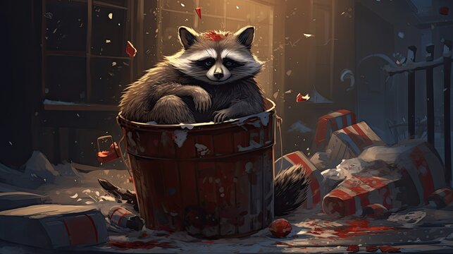Raccoon with its face covered in pie, emerging from a trash can full of discarded festive foods. Snowy alley with an empty trash bin nearby