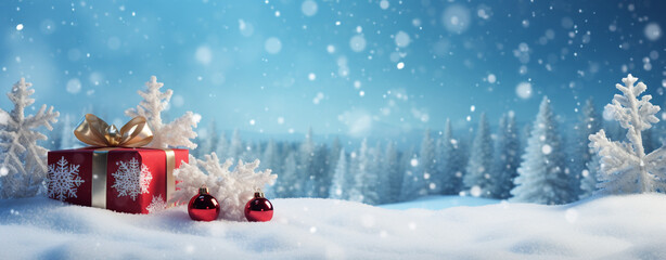 beautiful christmas card. a gift and Christmas balls lie on the snow against the backdrop of a winter night forest, legal AI