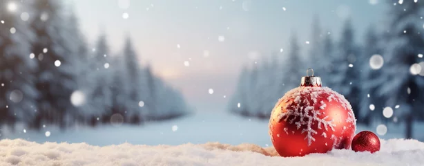 Fotobehang Christmas card. a red Christmas ball lies on the snow against the backdrop of a winter forest with a place to insert, legal AI © PETR BABKIN