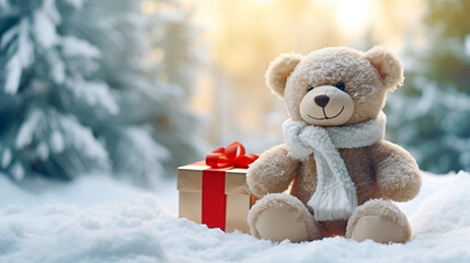 Christmas card. cute teddy bear with a gift sits in the snow against the backdrop of a winter forest, legal AI