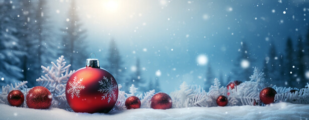 Christmas card with Christmas red balls lying on the snow against the backdrop of a winter night forest, legal AI