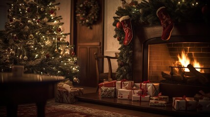 classic christmas  living room interior with a fireplace, christmas stockings, beautifully decorated Christmas tree with wrapped presents undernea