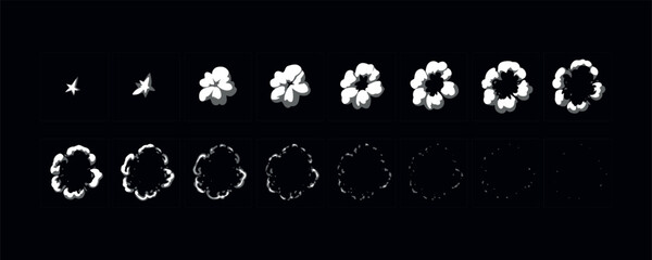 Smoke explosion animation. Dust animated sprite sheet. 2d cartoon effects.