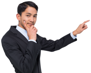 Digital png photo of biracial businessman pointing on transparent background